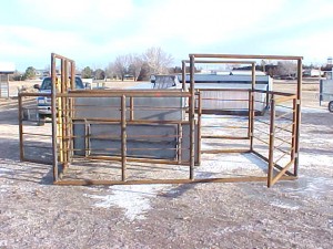 8’6” x 14’ Calving and Nursing Pen – Has a 9’6” gate which forces cow into the head gate, with the door in this gate to let a calf nurse. Has 3 entrance gates.